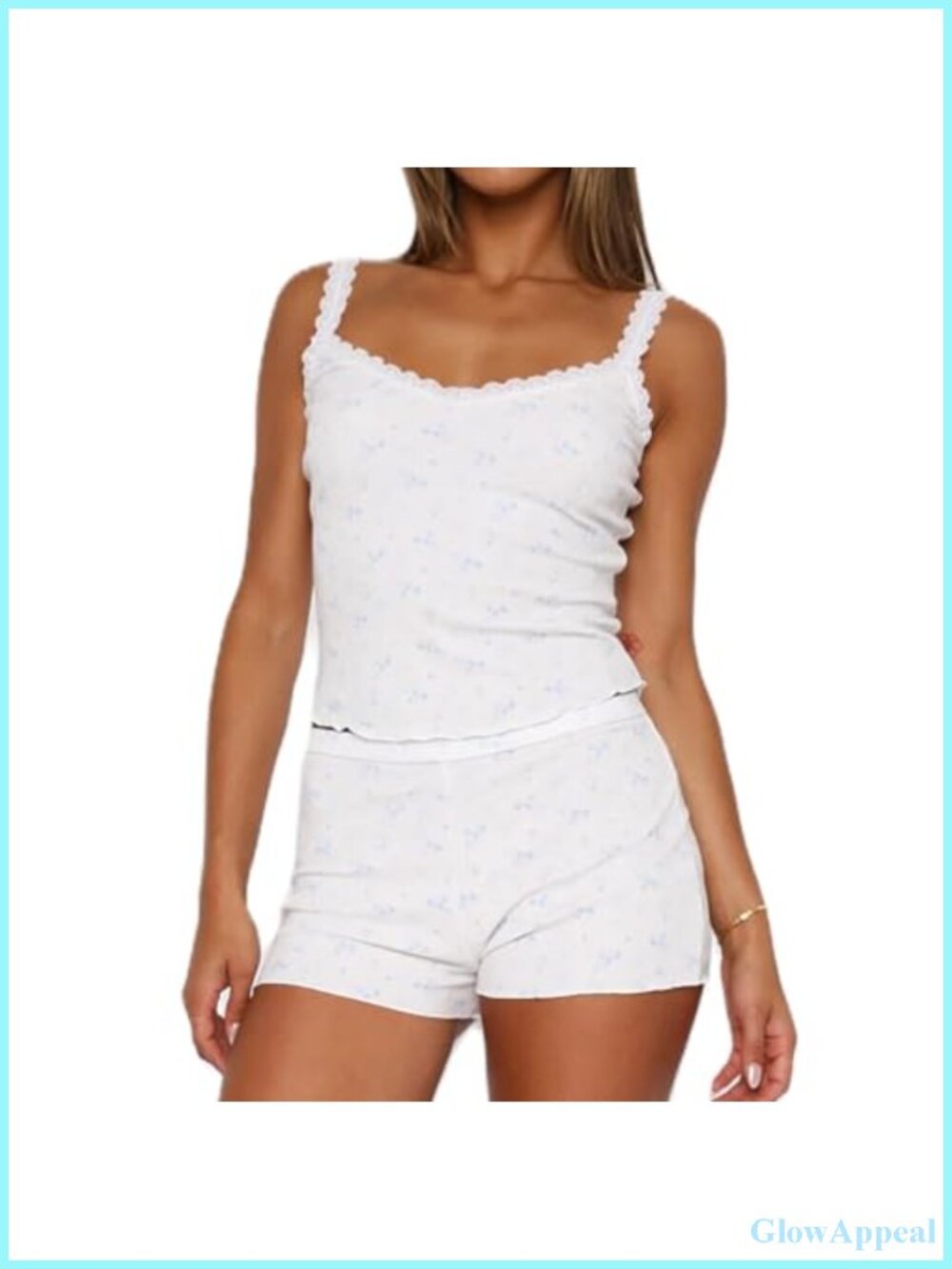 Women 2 Piece Pajama Set Sleeveless Lace Trim Cami Top and Shorts